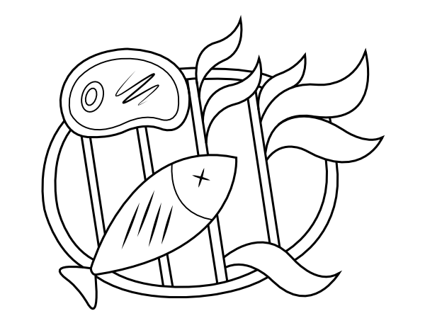 Printable grilling fish and steak coloring page