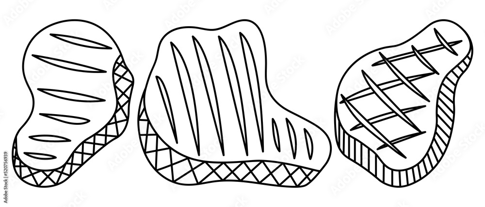 Steak pieces of meat of different shapes are prepared for frying on the grill sketch set of vector illustrations juicy meat with cuts grilled meat delicacies coloring book vector