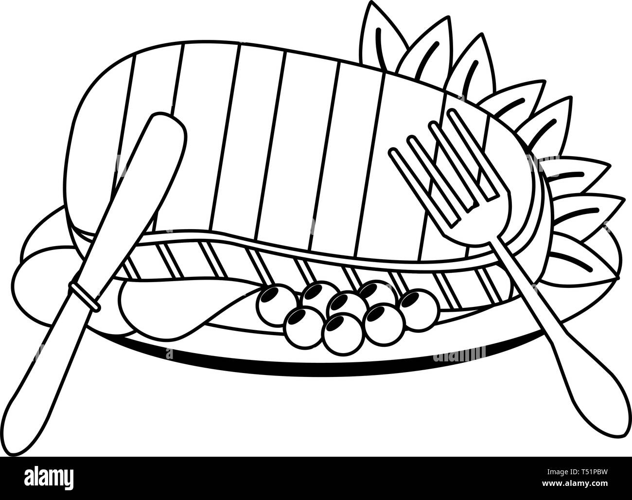 Beef steak with lettuce and cutlery in black and white stock vector image art