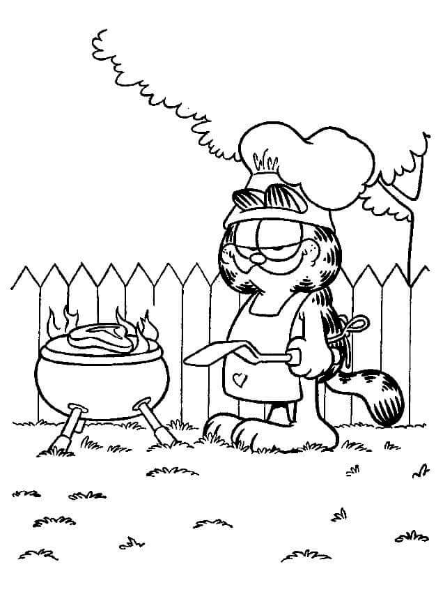 Garfield grilling a steak coloring page