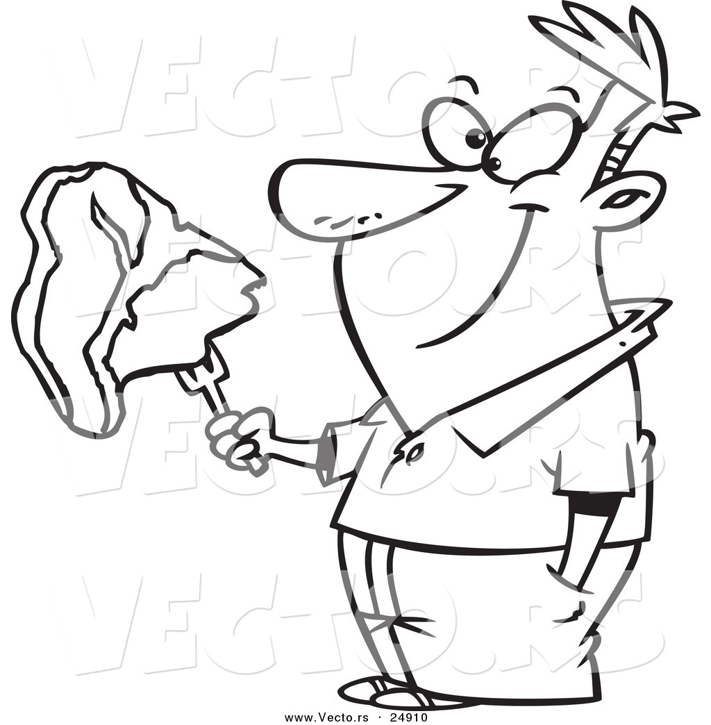 R of a cartoon happy man holding a steak on a fork