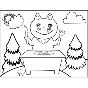 Hungry cat eating steak coloring page