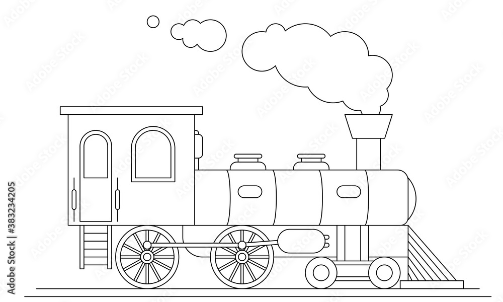 Steam train side view outline isolated on white background coloring page vector