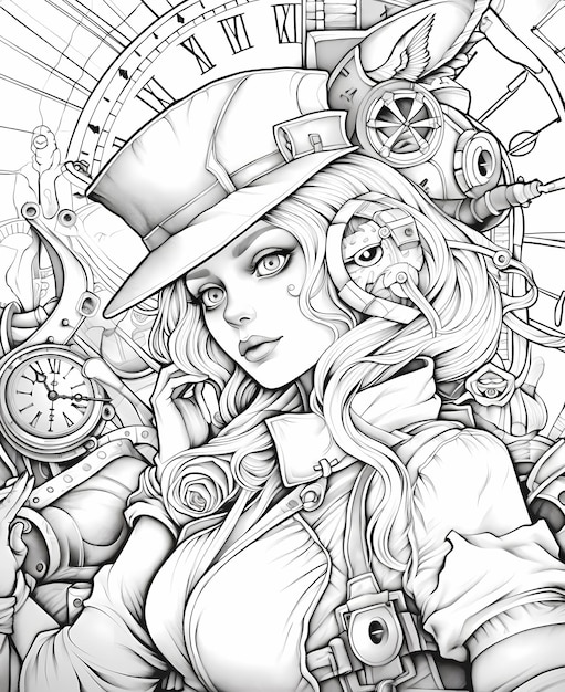 Premium ai image adult coloring page alice loves the white rabbit steampunk style
