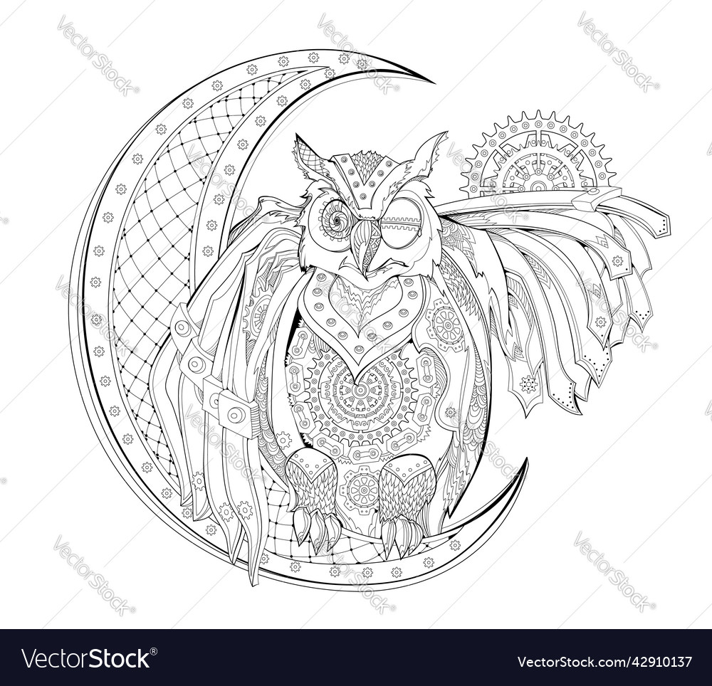 Fantasy steampunk owl coloring book for children vector image