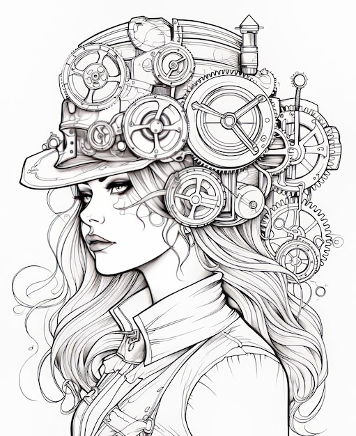 Premium ai image enchanting adventures in monochrome a minimalist steampunk world an adult coloring book