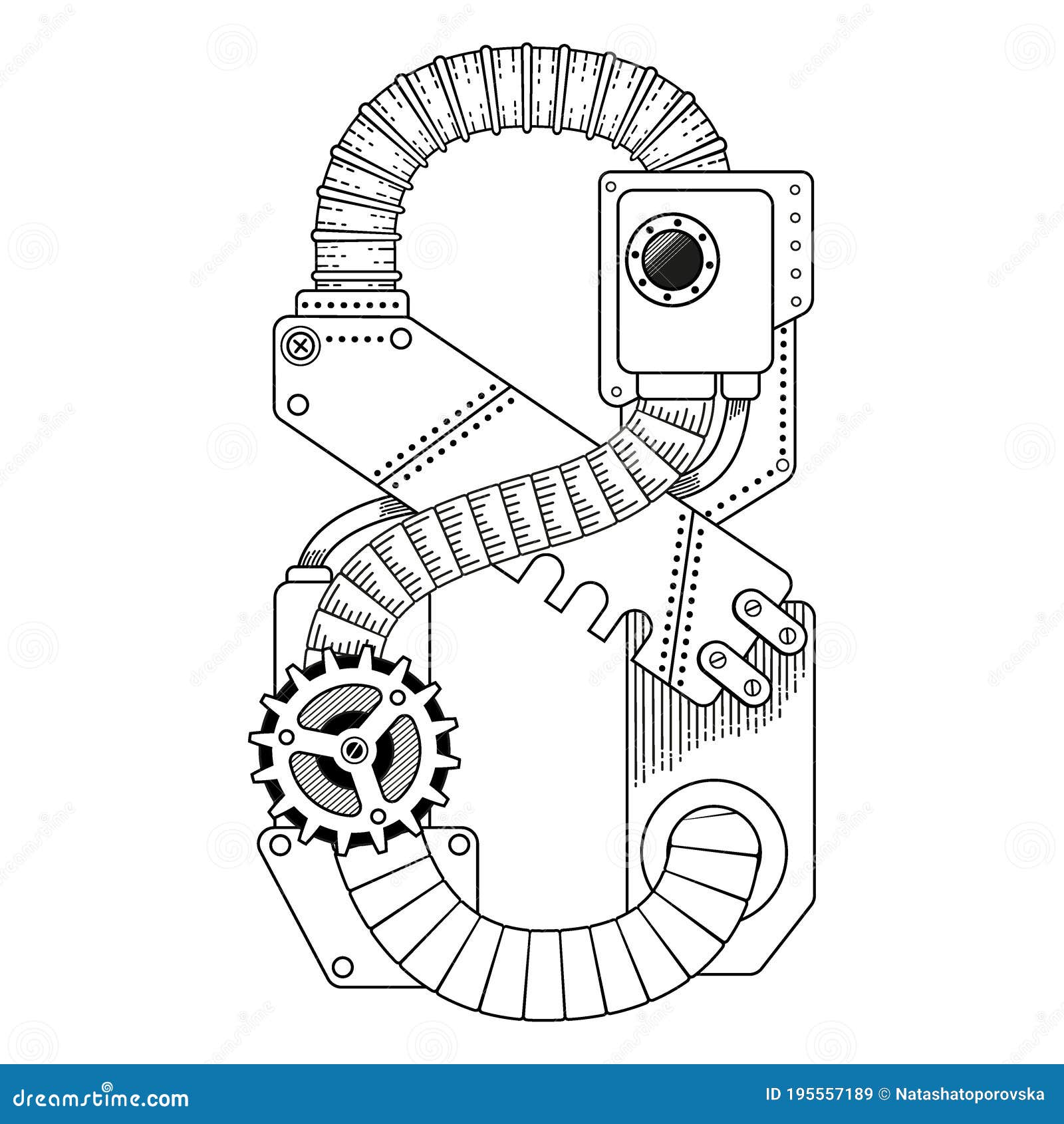 Vector coloring book for adults steampunk mathematical symbol eight mechanical number made of metal gears and various stock vector