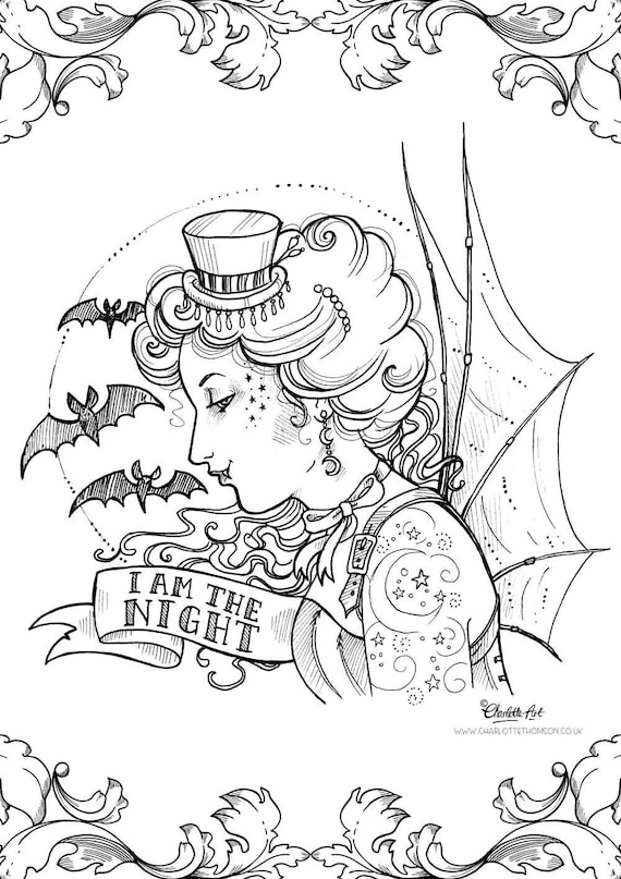 Adult colouring page steampunk gothic victorian vampire halloween art nouveau pin up lady instant download pdf and jpeg file for coloring