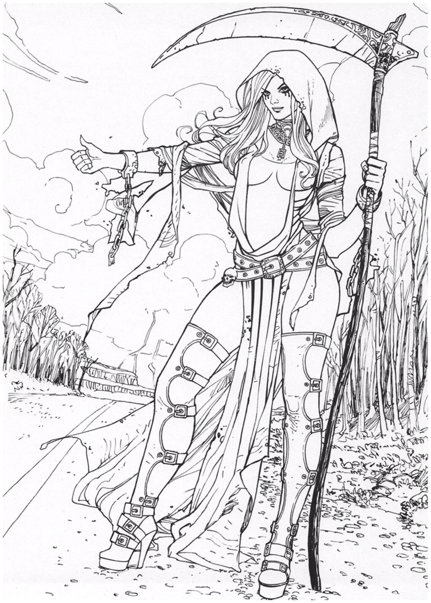 Steampunk grimm reaper coloring page adult coloring book pages adult coloring designs coloring pages