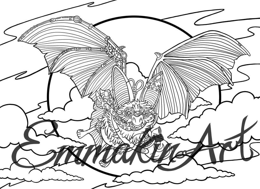 Steampunk bat coloring page for adult digital download instant download