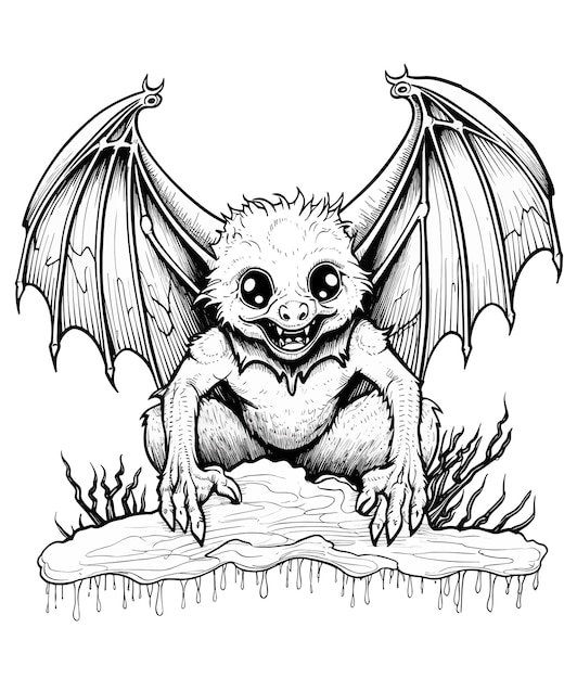 Premium vector creepy bat line art design creepy bat coloring page