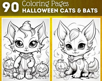 Halloween coloring pages cats and bats printable coloring book coloring pages for kids adults digital coloring digital download