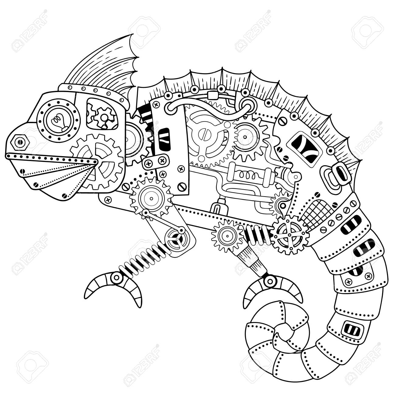 Steampunk coloring page vector coloring book for adult for relax and meditation art design of a fictional mechanical robot iguana or chameleon royalty free svg cliparts vectors and stock illustration image