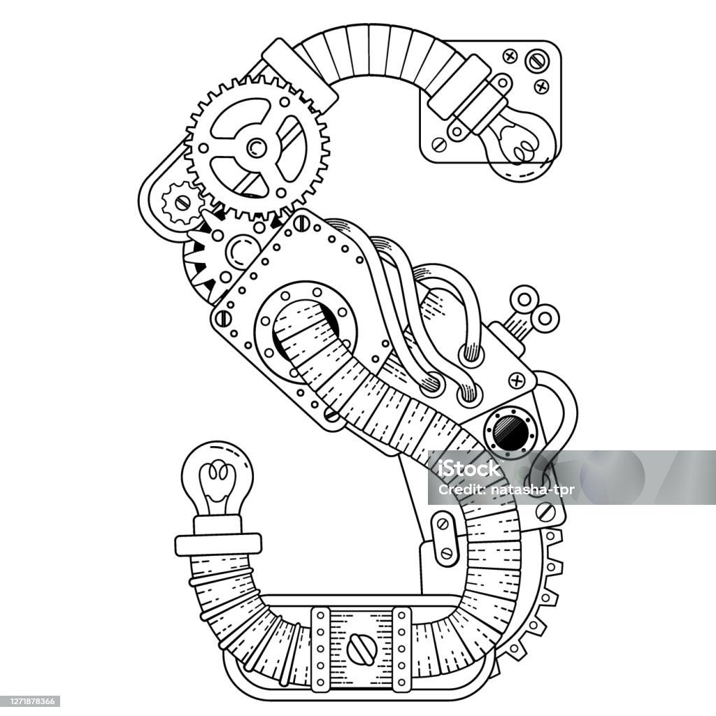 Vector steampunk coloring book for adults mechanical letter alphabet made of metal gears and various details on white background capital letter s from the alphabet of gears stock illustration