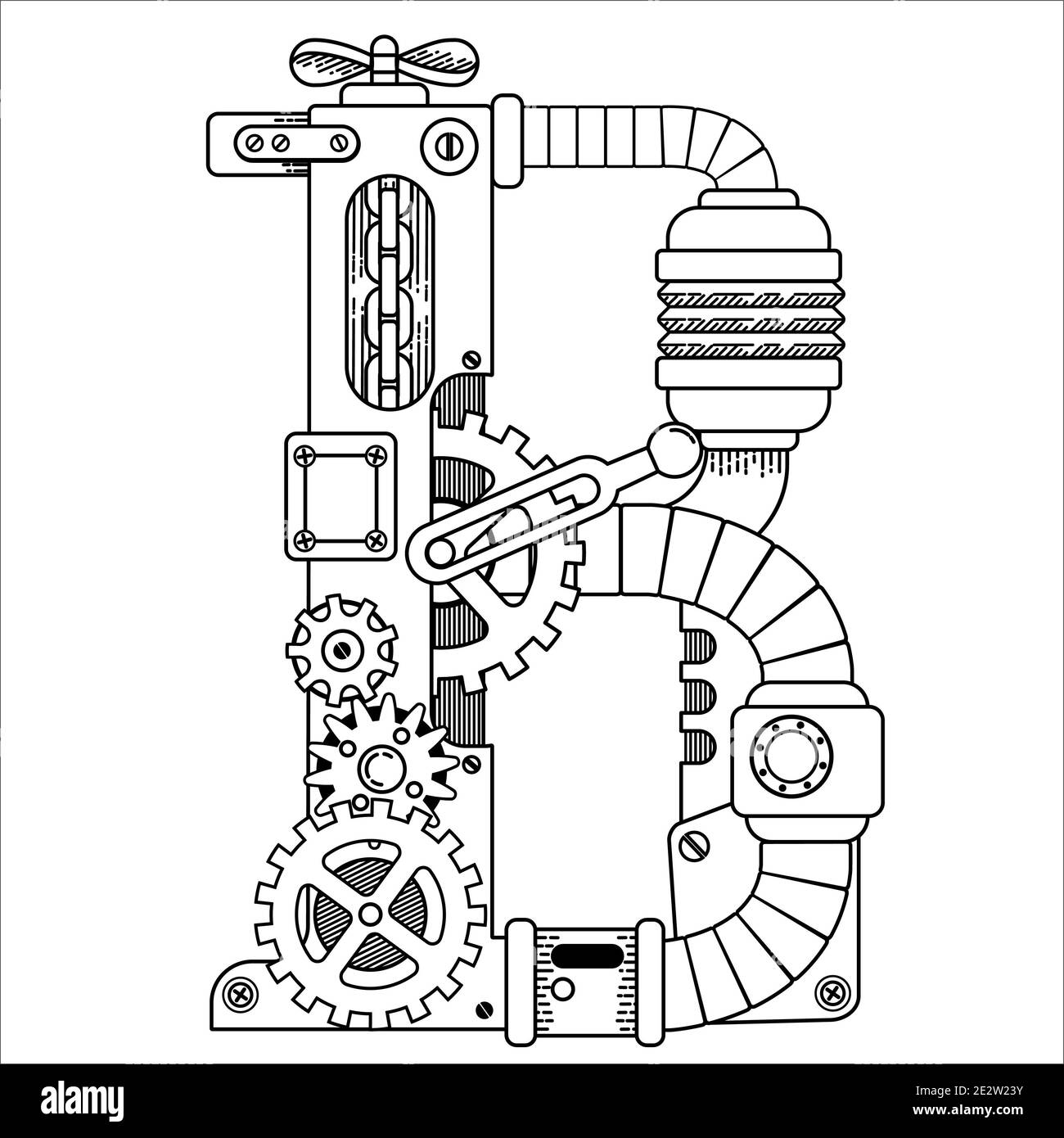 Steampunk coloring book for adults mechanical letter alphabet made of metal gears and various details on white background capital letter b stock photo