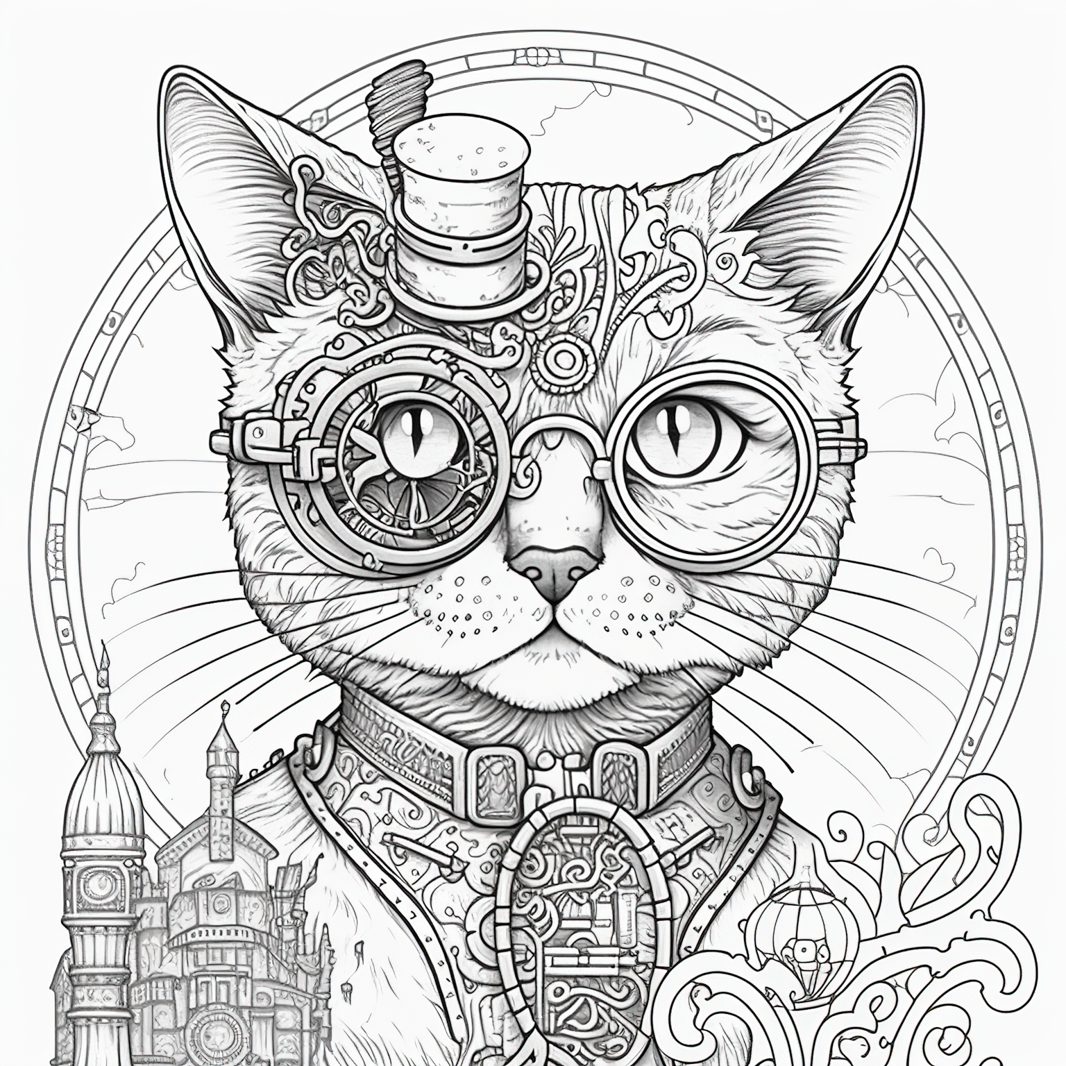 Steampunk cats coloring pages for adults
