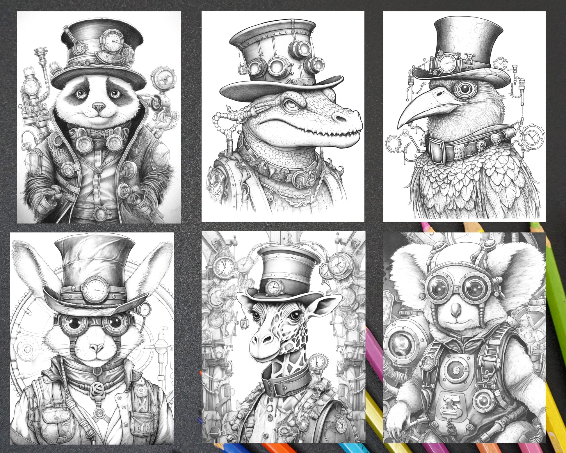 Steampunk animals grayscale coloring pages printable for adults pd â coloring
