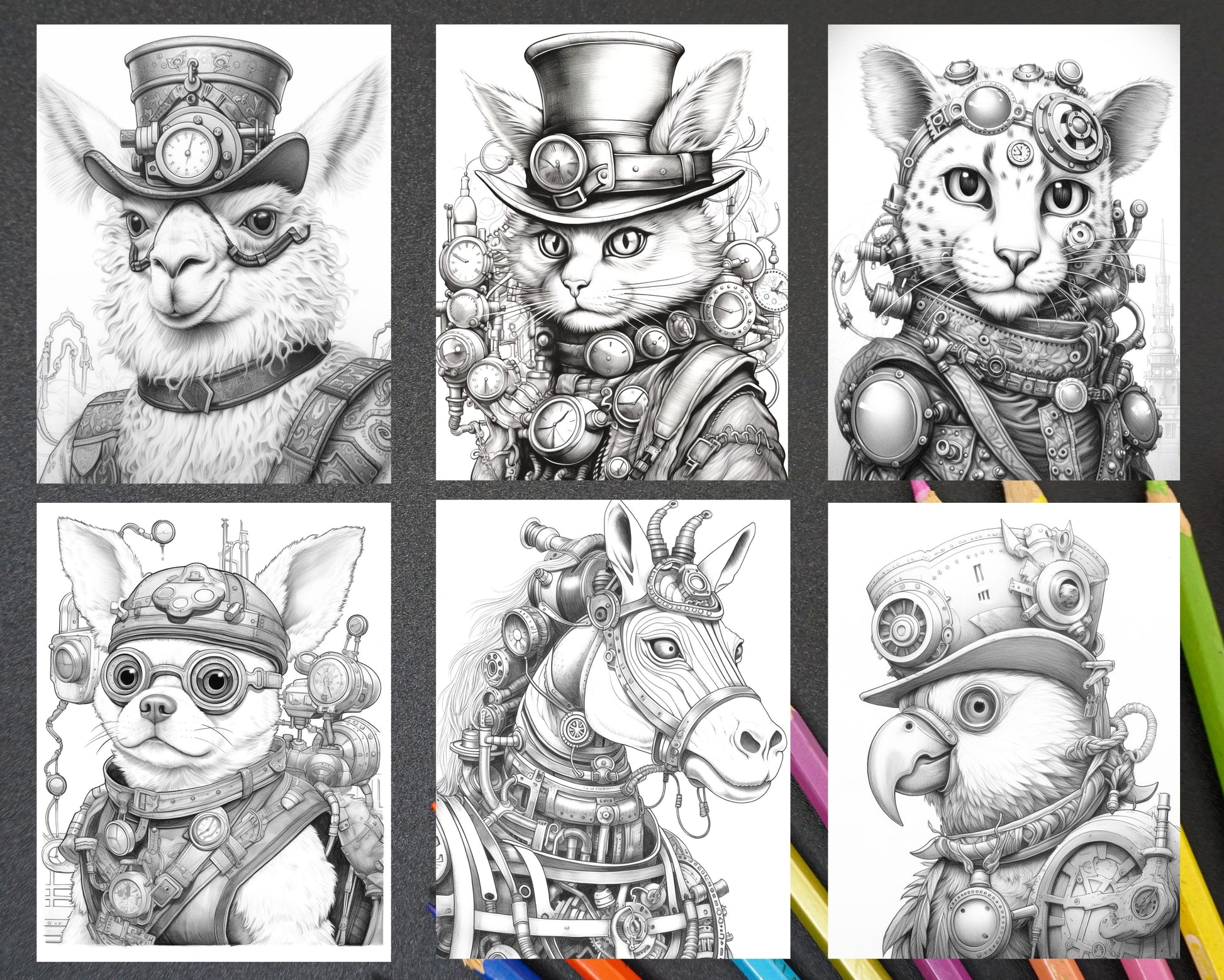 Steampunk animals grayscale coloring pages printable for adults pd â coloring