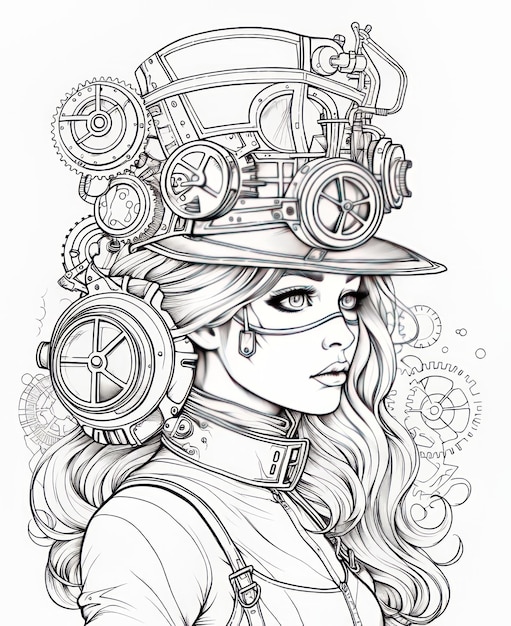 Premium ai image immerse in intricate steampunk designs vibrant adult coloring pages with white background and bold