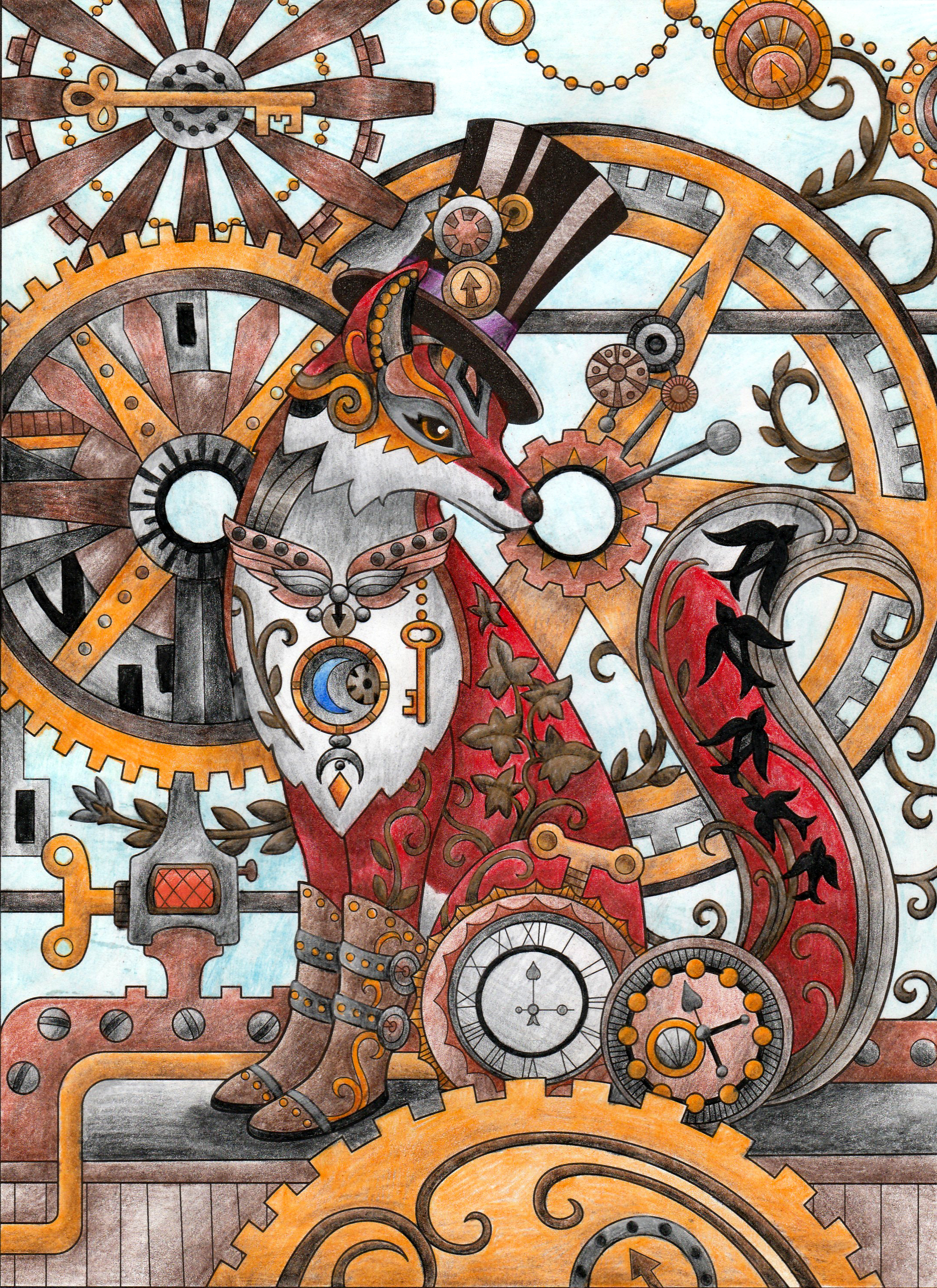 Steampunk fox adult coloring page by desertwind on