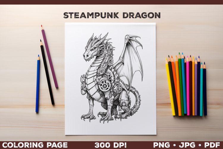 Fantasy coloring for adults steampunk dragon coloring page
