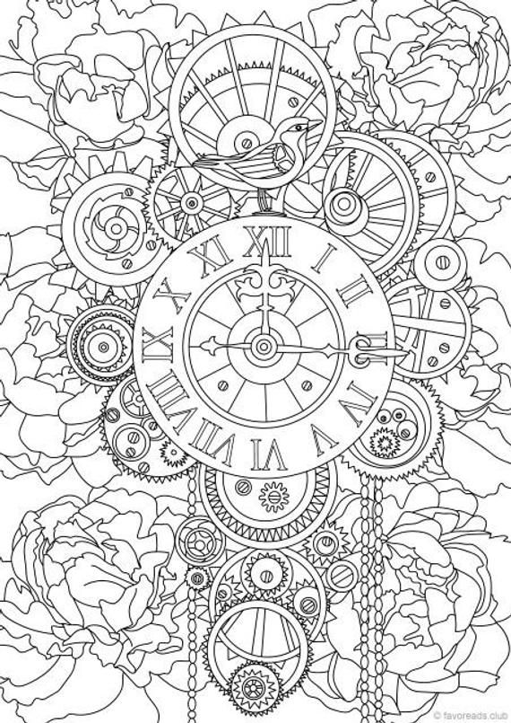 Steampunk clock printable adult coloring page from favoreads