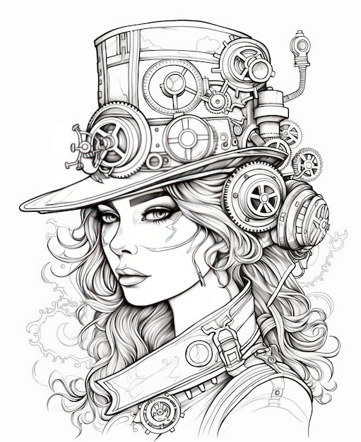 Premium ai image steampunk in simplicity a minimalistic adult coloring book with intricate black white outlines an