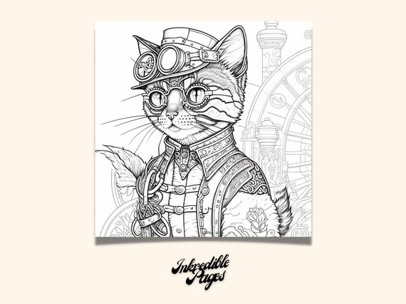 Coloring pages for adults steampunk cat to color adult coloring books printable relaxing gift idea instant digital download illustration pdf