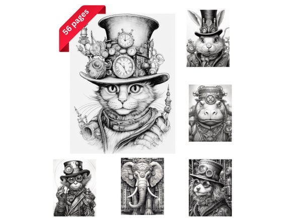 Steampunk animals coloring book adults kids coloring pages instant download grayscale coloring book printable pdf file gift