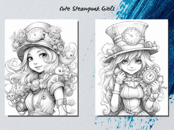 Cute steampunk girls coloring page for adults instant download pdf fantasy grayscale coloring page gift for her printable art