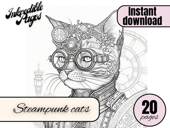 Coloring pages for adults steampunk cat to color adult coloring books printable relaxing gift idea instant digital download illustration pdf