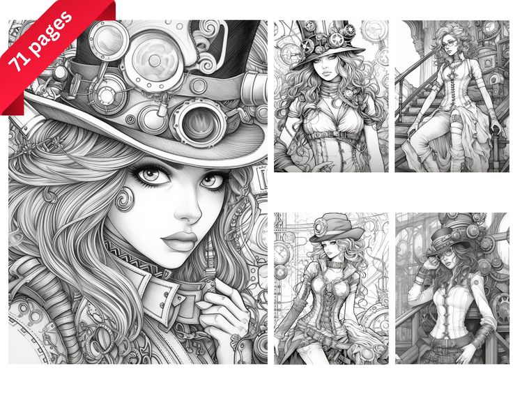 Steampunk girls coloring book adults kids coloring pages instant download grayscale coloring book printable pdf file gift