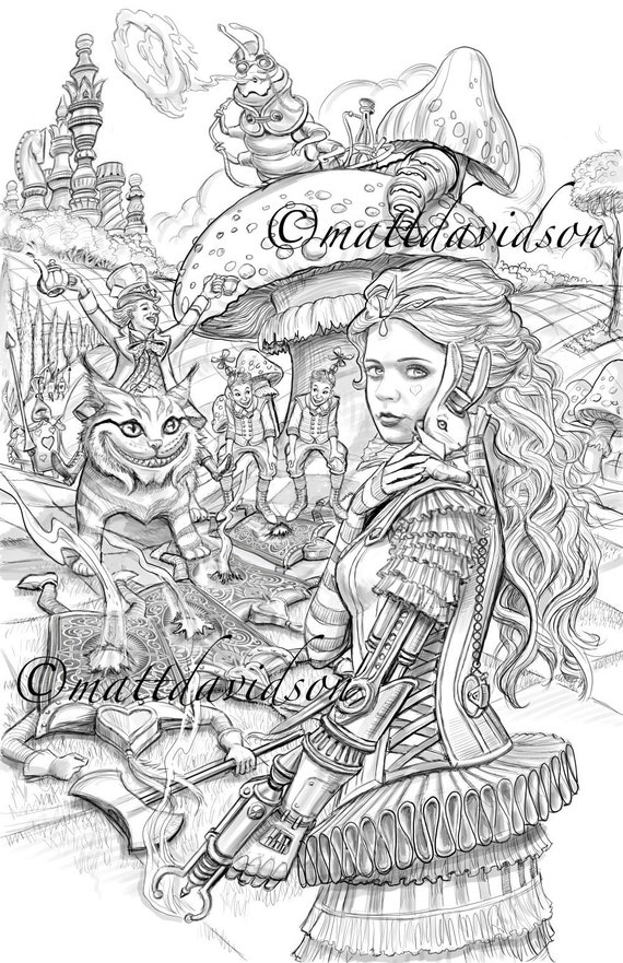 Alice in wonderland coloring pages matt davidson adult coloring steampunk coloring page fantasy coloring printable download instant download