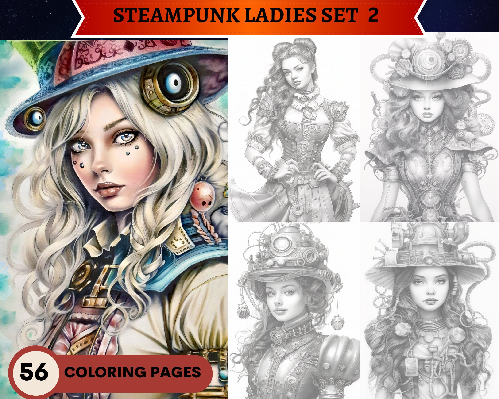 Steampunk ladies coloring book set pages printable adult coloring pages download grayscale illustration printable pdf file