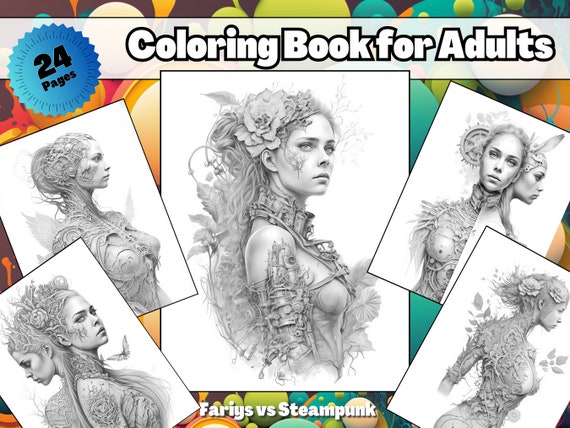Fariy girls coloring pages for adults instant download flower fairies steampunk grayscale coloring page gift for her printable pdf download