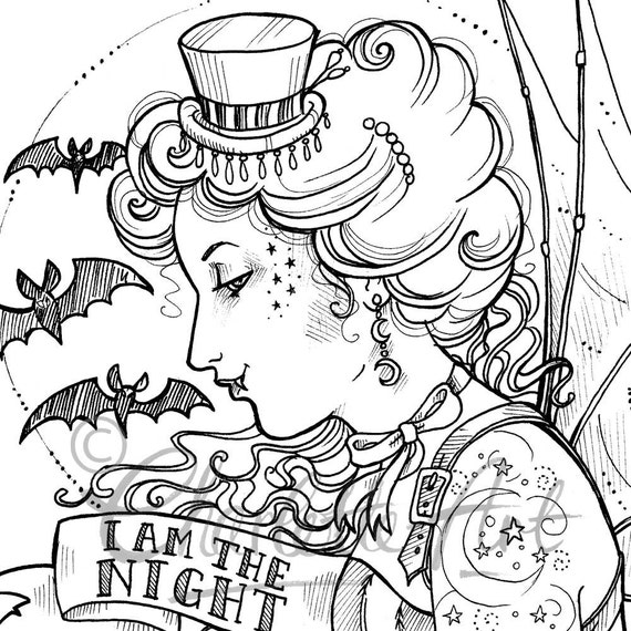 Adult colouring page steampunk gothic victorian vampire halloween art nouveau pin up lady instant download pdf and jpeg file for coloring