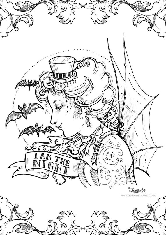 Adult colouring page steampunk gothic victorian vampire halloween art nouveau pin up lady instant download pdf and jpeg file for coloring