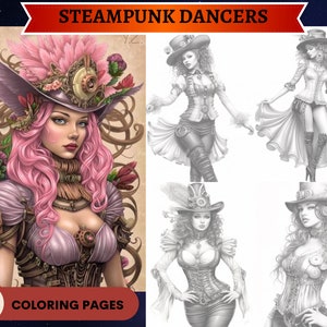 Steampunk dancers pages printable adult coloring pages download grayscale illustration printable pdf file