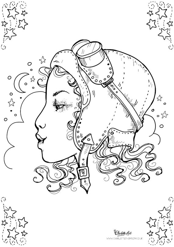 Adult colouring page aviator steampunk victorian pin up girl instant download pdf and jpeg file for coloring