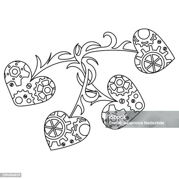 Heart coloring book in steampunk style i love steampunk text mechanical heart vector template for valentines day design stock illustration