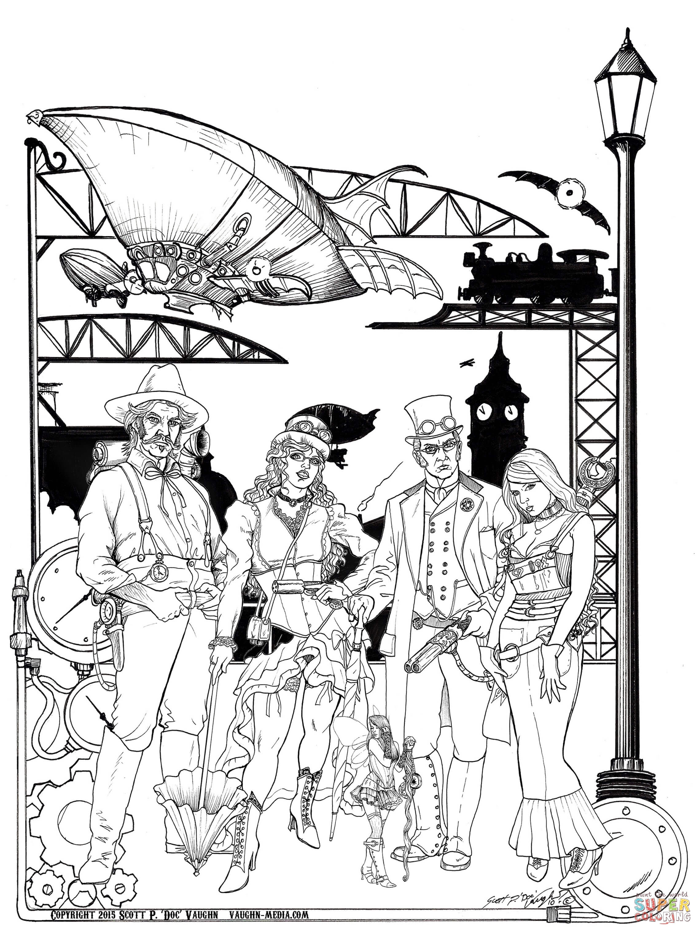 Steampunk characters with a dirigible behind coloring page free printable coloring pages