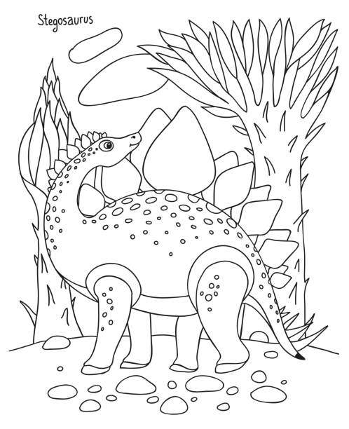 Black and white vector simple illustration for kids coloring book dinosaur stegosaurus walks on the jungle stock illustration