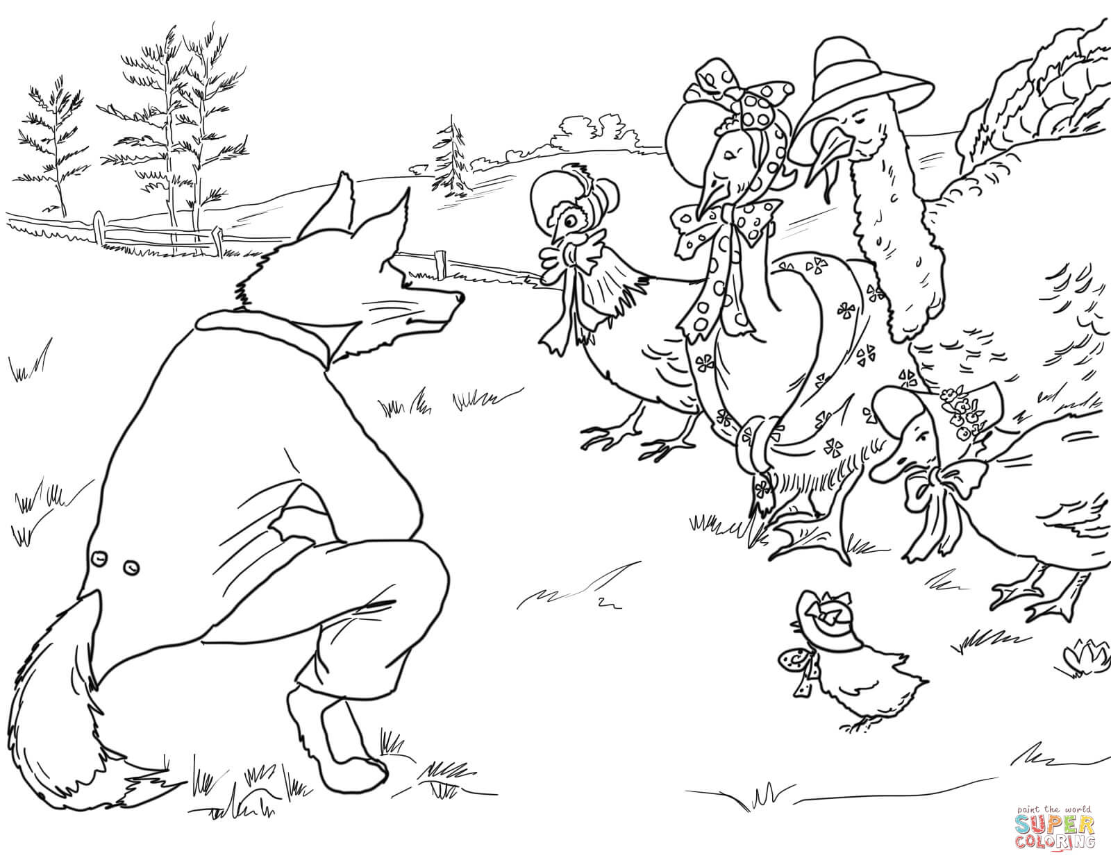 Fox invites birds to its lair coloring page free printable coloring pages