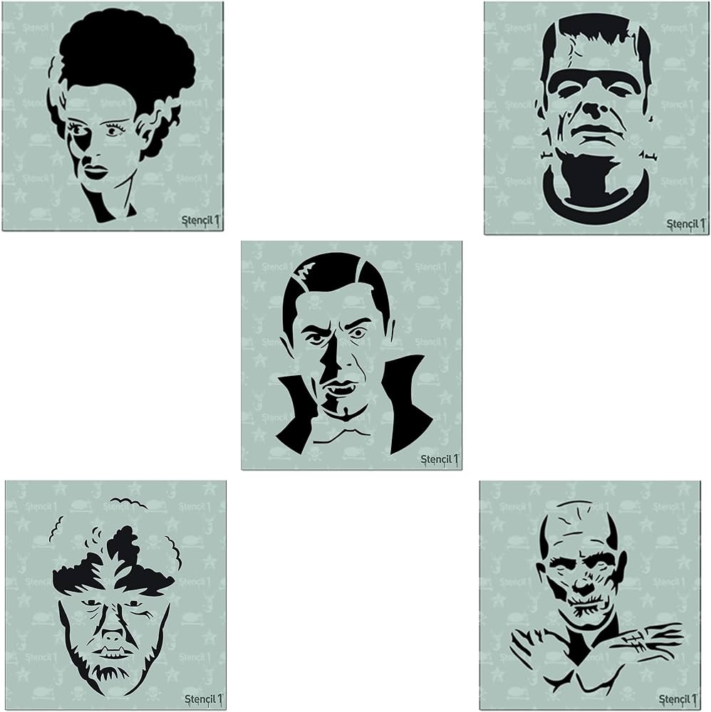 Halloween monsters pack stencil set pumpkin stencils halloween motifs includes dracula frankenstein bride werewolf mummy each measure â x â laser cut mylar home