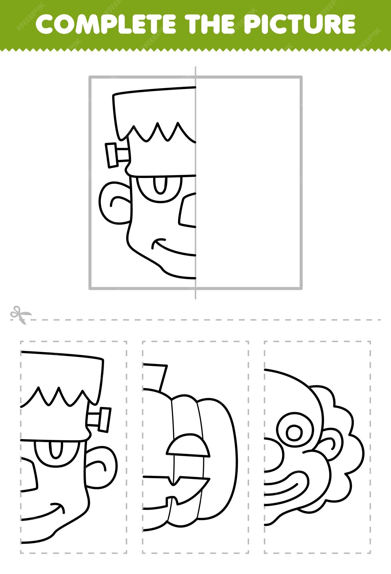 Premium vector education game for children cut and plete the picture of cute cartoon frankenstein head half outline for coloring printable halloween worksheet