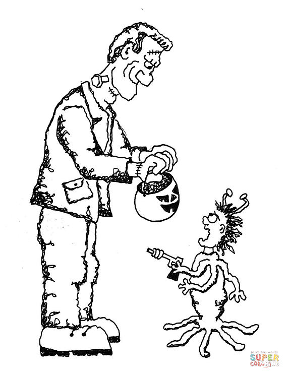 Frankenstein with pumpkin coloring page free printable coloring pages