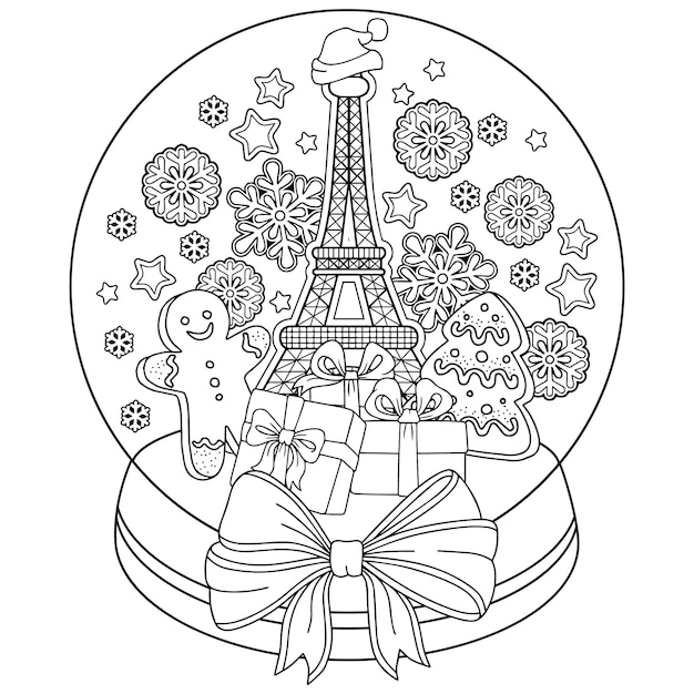 Premium vector coloring book for adults snow globe with memories of paris a bottle with eiffel tower gingerbread man cookies coffee and snowflakes