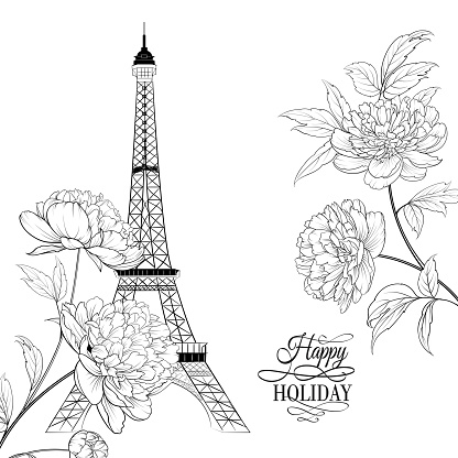 Wedding invitation card template eiffel tower simbol with spring blooming flowers over white with sign happy holiday stock illustration