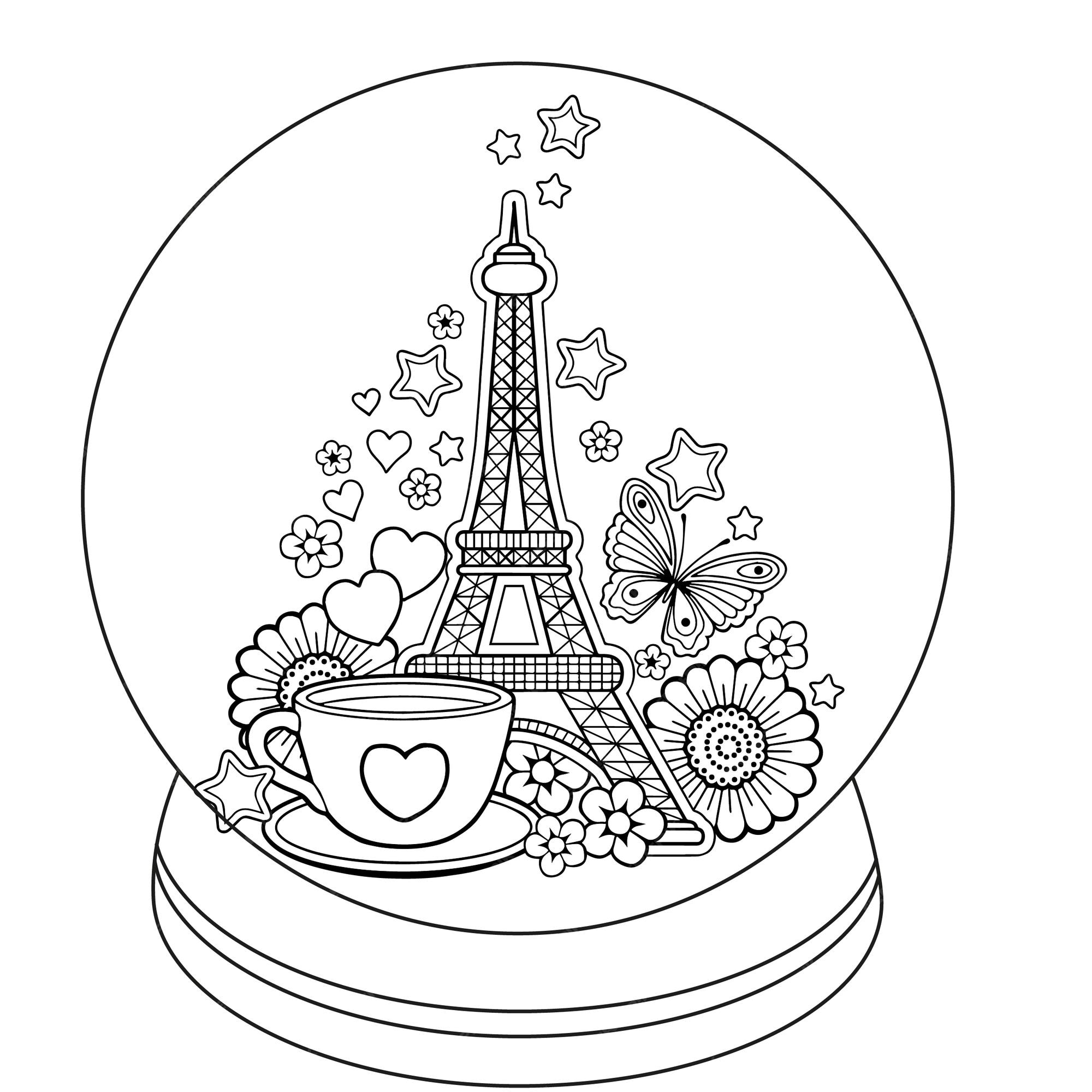 Premium vector coloring book for adults snow globe with memories of paris a bottle with eiffel tower gingerbread man cookies coffee and snowflakes