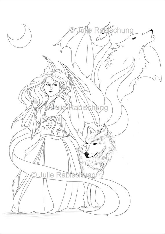 Wolf and dragon coloring page printable dragon and wolf coloring pages printable fantasy coloring page fantasy digital stamp